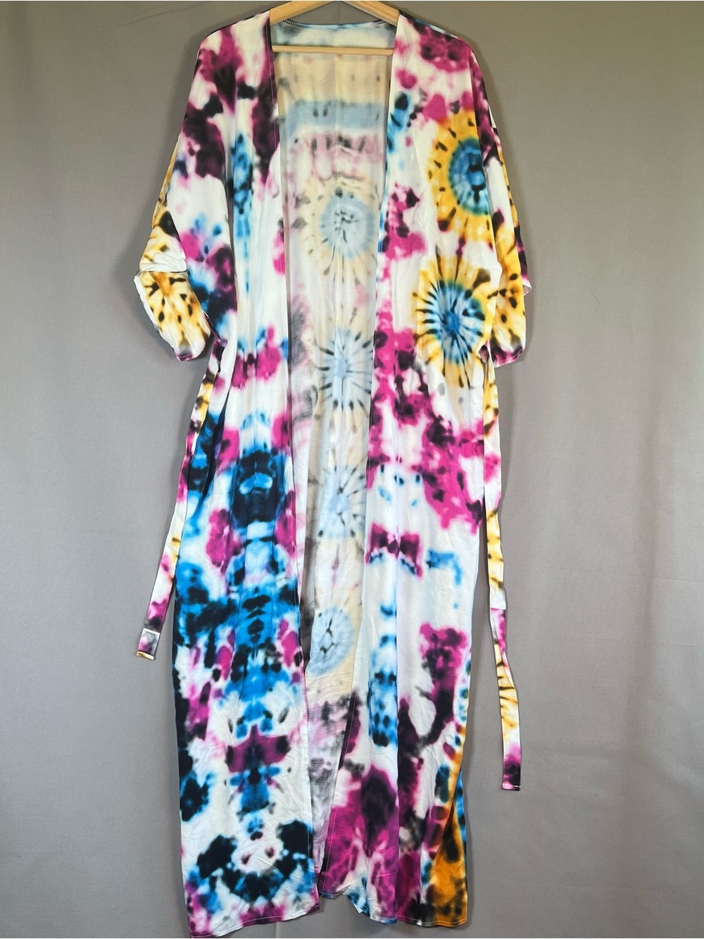 Tie-Dye Long Kimono Colorful Duster Tie Waist Short Open Sleeve Boho Hippie